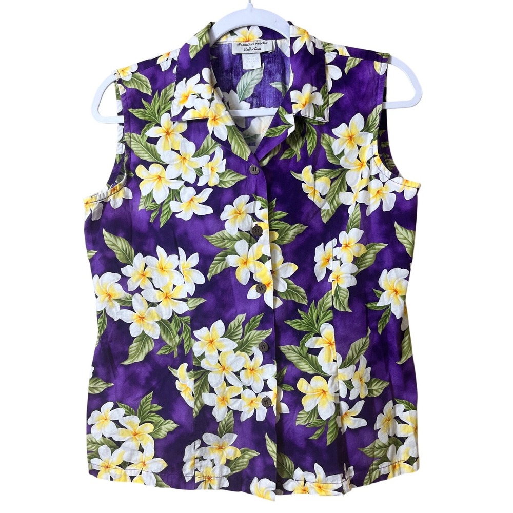 Hawaiian Reserve Collection Sleeveless Cotton Button Down Hibiscus Purple Medium